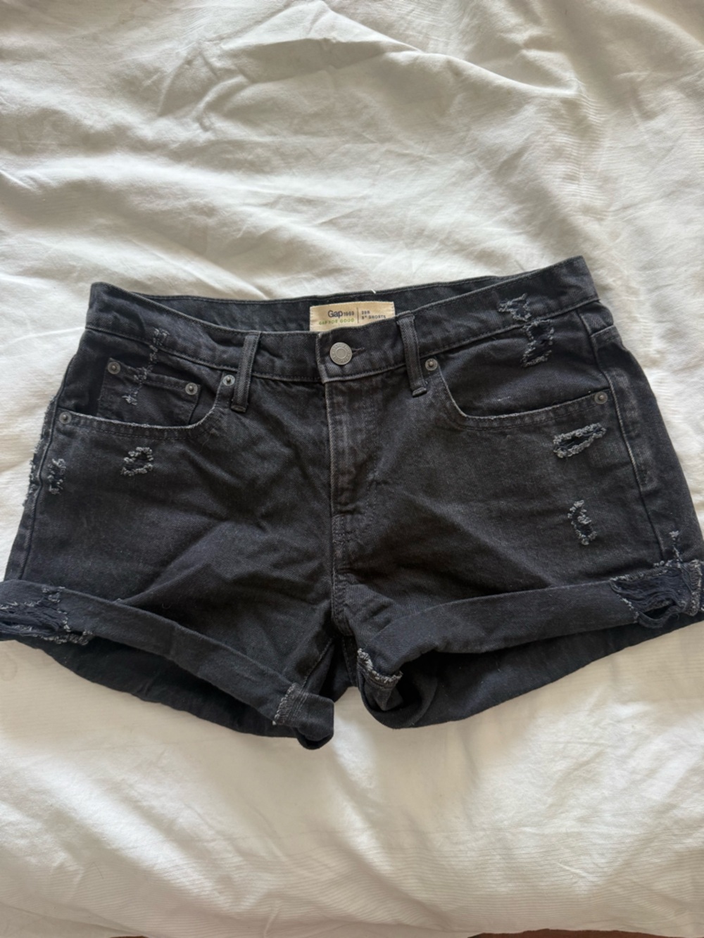 GAP Black Distressed Roll-Cuff Denim Shorts